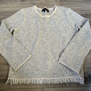 Theory Cream and Gray Fringe Hem Sweater